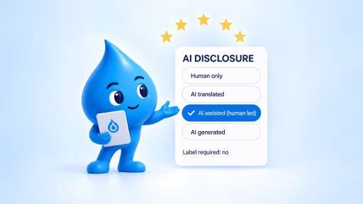 Una goccia blu indica la scheda AI Disclosure, con la scala dei gradi da &laquo;Human only&raquo; ad &laquo;AI generated&raquo; e selezionato &laquo;AI assisted (human led)&raquo;.