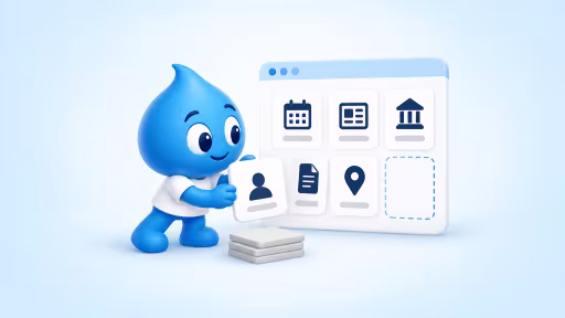 The Drupal drop places a card into a site grid of events, news, offices, documents, places and people, while a stack of old cards waits on the floor.
