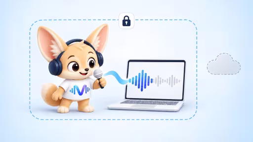 The Voxtrama fennec fox speaks into a microphone, and the voice reaches the laptop inside a locked boundary, away from the cloud.