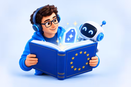 The developer reads a book with the European Union stars from which an AI content label rises, while a small robot looks on.