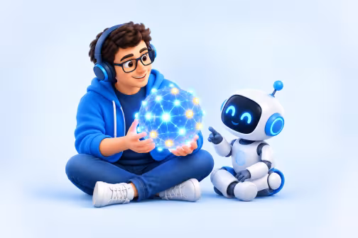The developer, sitting cross-legged, holds a sphere of glowing nodes while a small robot points at it.
