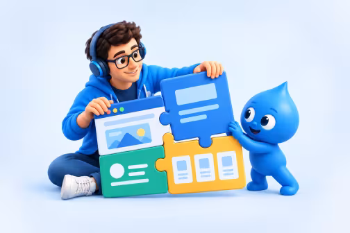 The developer with glasses fits puzzle pieces into a web page layout, helped by the Drupal drop.
