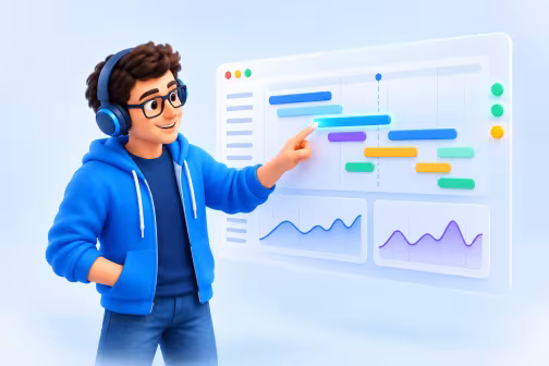 The developer points at a highlighted bar on a dashboard with a timeline and two charts.