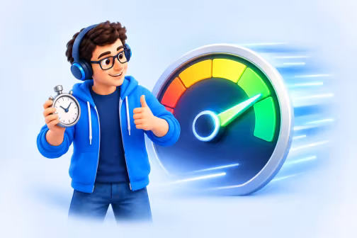 The developer holding a stopwatch next to a speedometer with the needle in the green.