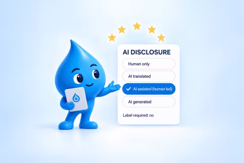 A blue drop points to the AI Disclosure panel, with the scale of levels from &laquo;Human only&raquo; to &laquo;AI generated&raquo; and &laquo;AI assisted (human led)&raquo; selected.