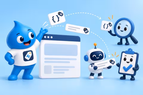 The Drupal drop in an AI Disclosure t-shirt sends two AI labels from a web page to a magnifying glass, a robot and a validator.