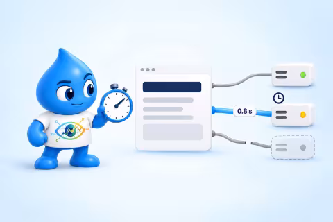 La goccia di Drupal con un cronometro guarda una pagina collegata a tre server: uno risponde, uno &egrave; lento con 0.8 s, uno ha il cavo interrotto.