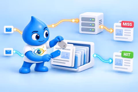 La goccia di Drupal stacca un'etichetta grigia da una pagina uscita dalla cache e ne attacca una blu. Sopra una richiesta esce MISS, sotto HIT.