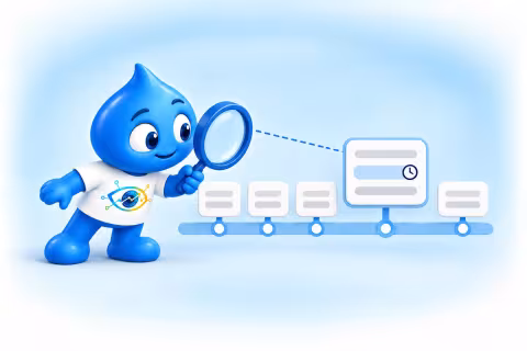 La goccia di Drupal punta una lente su una linea del tempo di richieste gi&agrave; servite: una &egrave; aperta, e dentro una riga con l'orologio segna la query lenta.