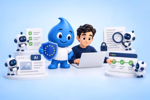 The Drupal drop with the EU shield next to the developer, among four stations: AI label, issue, code review and tests.