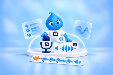 The AI Disclosure drop hugs a microphone and an AI-labelled audio clip, with a bubble for the spoken notice.