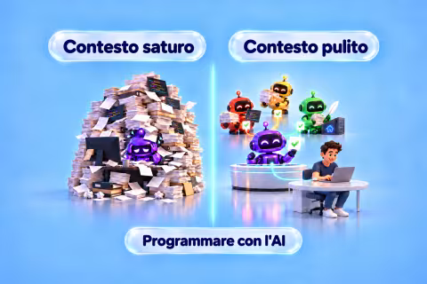 Agente singolo con il contesto saturo di file accanto a un orchestratore multi-agente con il contesto pulito