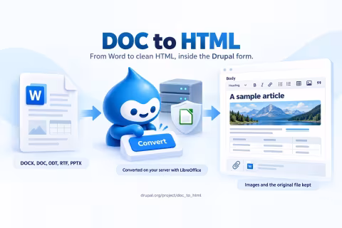 The Drupal drop presses Convert between a Word document and an article ready in the editor, under the DOC to HTML title.