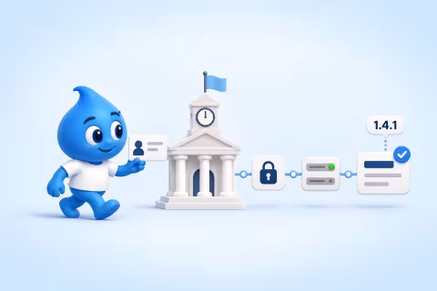 The Drupal drop carries an identity card to a town hall, and a path runs through a padlock and a server to a 1.4.1 badge.