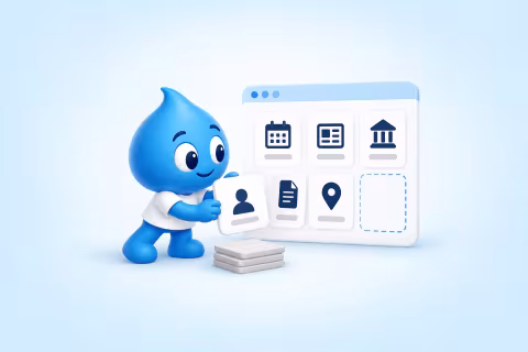 The Drupal drop places a card into a site grid of events, news, offices, documents, places and people, while a stack of old cards waits on the floor.