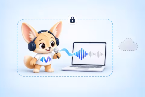The Voxtrama fennec fox speaks into a microphone, and the voice reaches the laptop inside a locked boundary, away from the cloud.