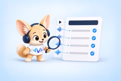 The Voxtrama fennec fox, wearing headphones, checks four points of meeting minutes with a magnifying glass, each one linked to its piece of the recording.
