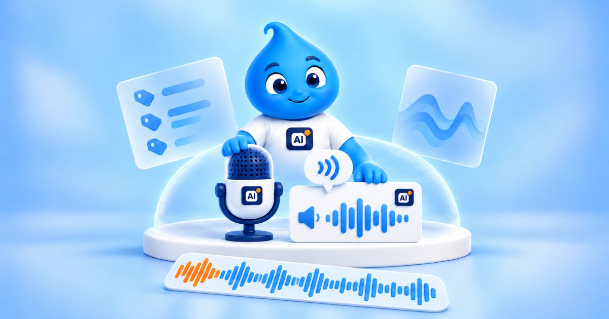 The AI Disclosure drop hugs a microphone and an AI-labelled audio clip, with a bubble for the spoken notice.