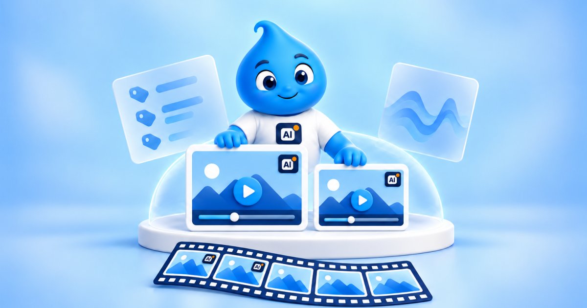 The Drupal drop in an AI Disclosure T-shirt hugs two videos labelled AI under a dome, with a film strip at its feet.